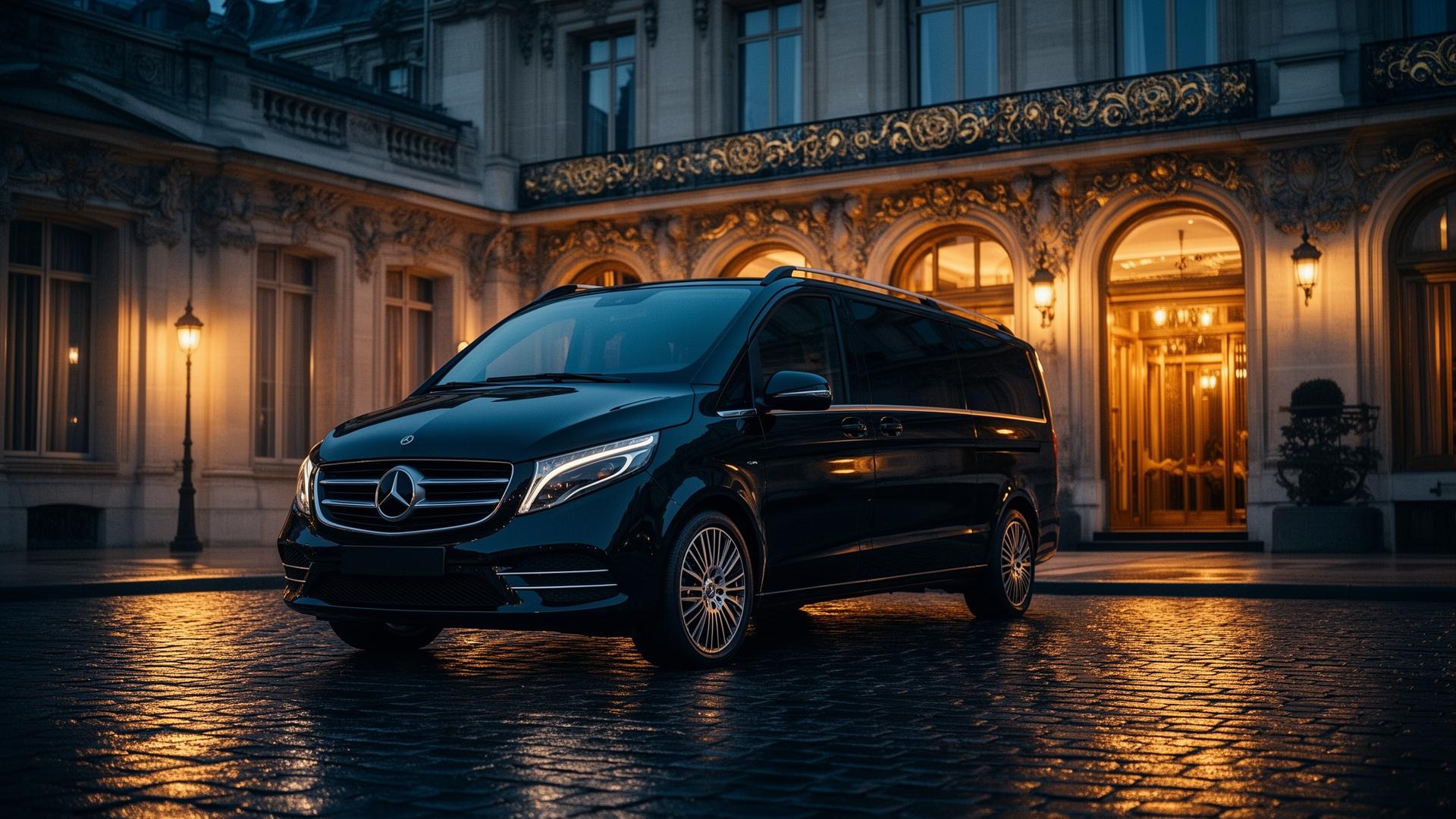 Luxury Mercedes V-Class in front of a Paris palace hotel at night